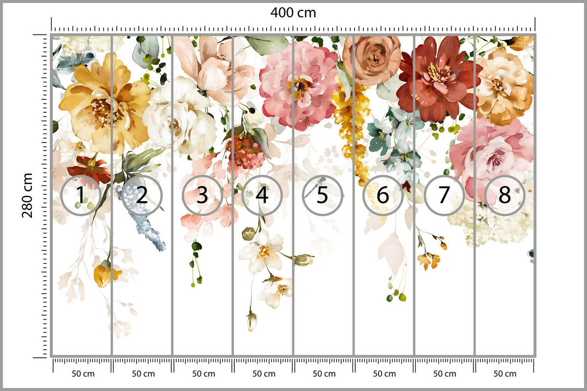 FOTOTAPETE für Schlafzimmer Aquarell Bunte Blumen Ranken Blätter 400x280 - Gelb/Rot, Papier (400/280cm) - Muralo