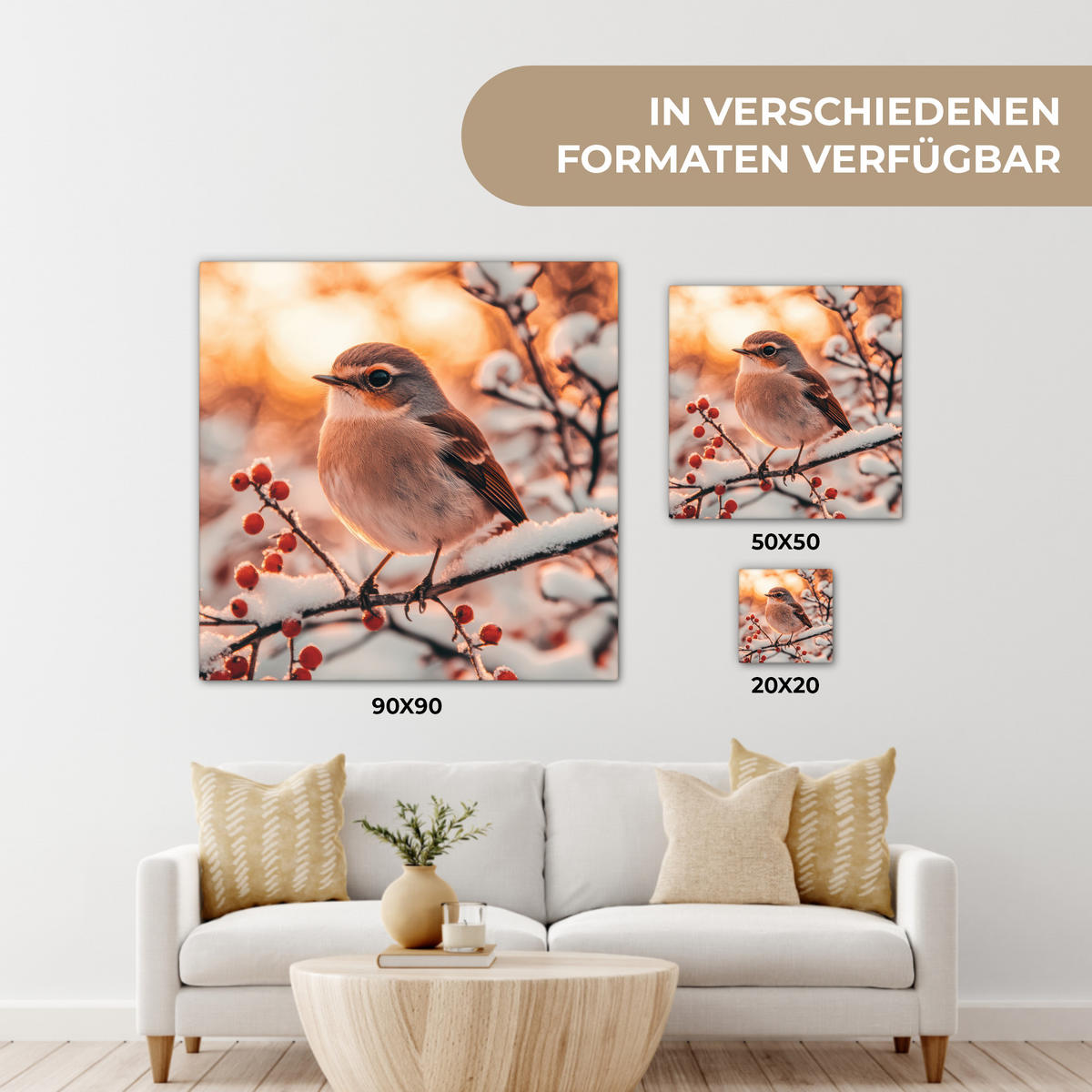 LEINWANDBILD Vogel - Zweig - Winter - Tiere - Schnee 50x50 cm - Bernsteinfarben, Textil (50/50cm) - MuchoWow