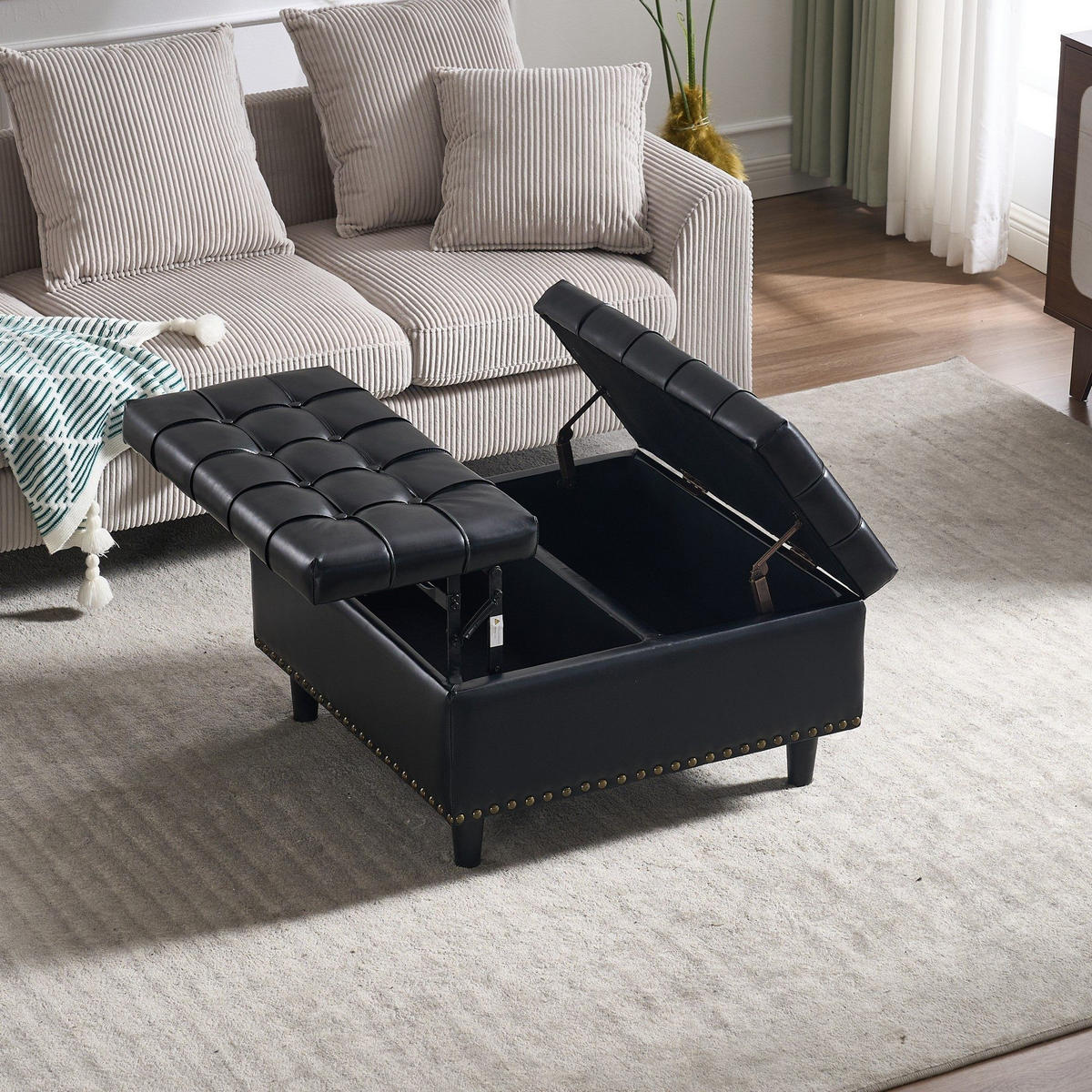 HOCKER Couchtisch,Aufbewahrungsstuhl,höhenverstellbar,PU-Leder,Schwarz - Schwarz, Metall (75/41/75cm) - LVHOM