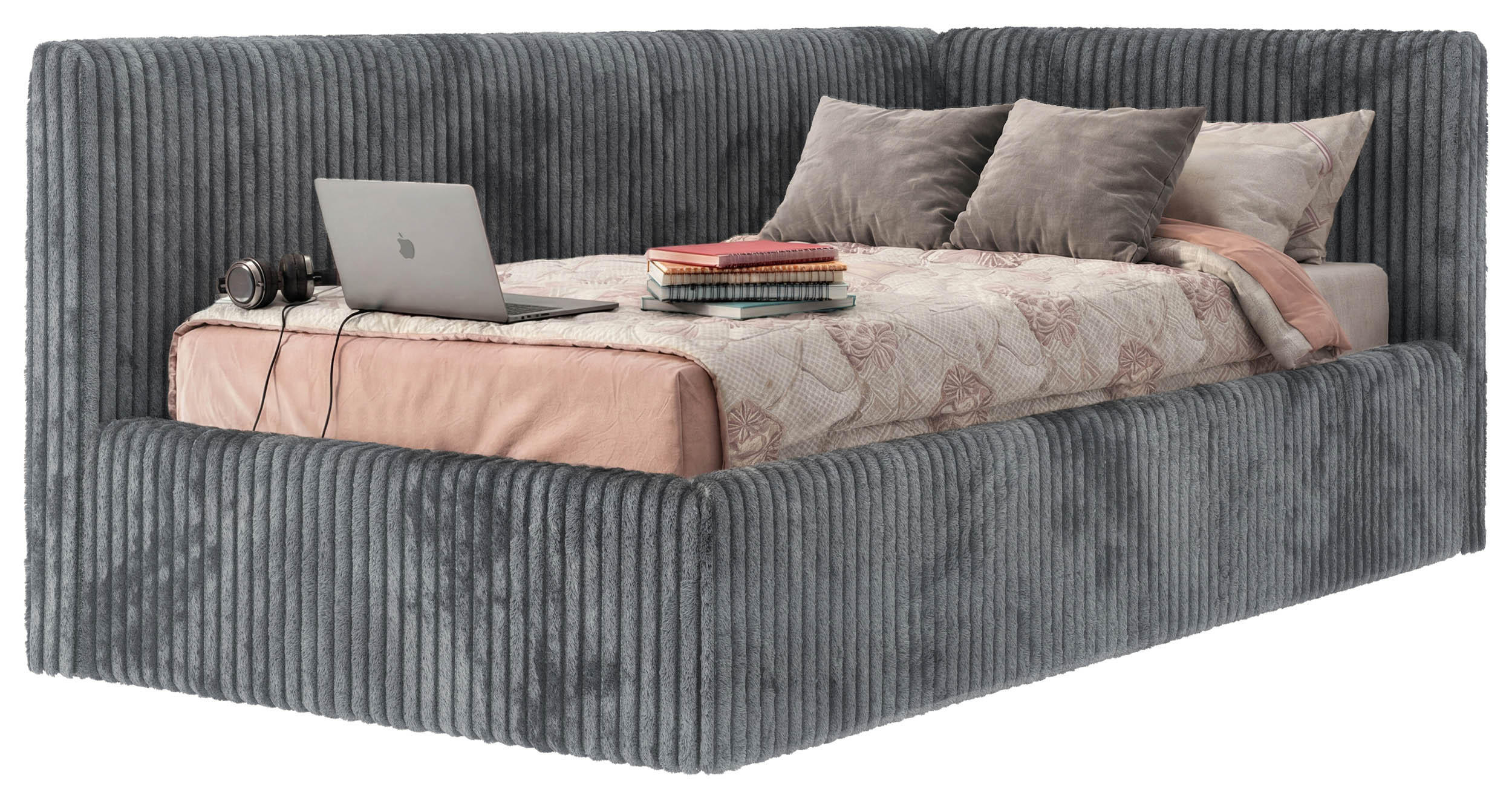 POLSTERBETT TILVO 90/200 - Grau Cord - Ohne Matratze - Rechts - Grau, Textil (200/90cm) - MKS