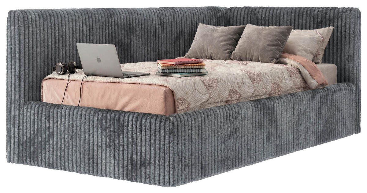 POLSTERBETT TILVO 90/200 - Grau Cord - Ohne Matratze - Rechts - Grau, Textil (200/90cm) - MKS