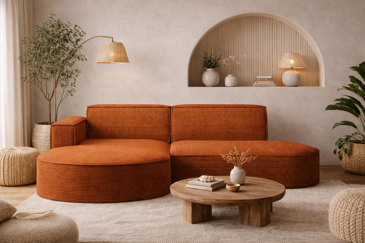 ECKSOFA Designer MODENA STUDIO, Cordstoff Poso, Ziegel, Links - Orange, Holzwerkstoff/Textil (165/236cm) - Kaiser Möbel