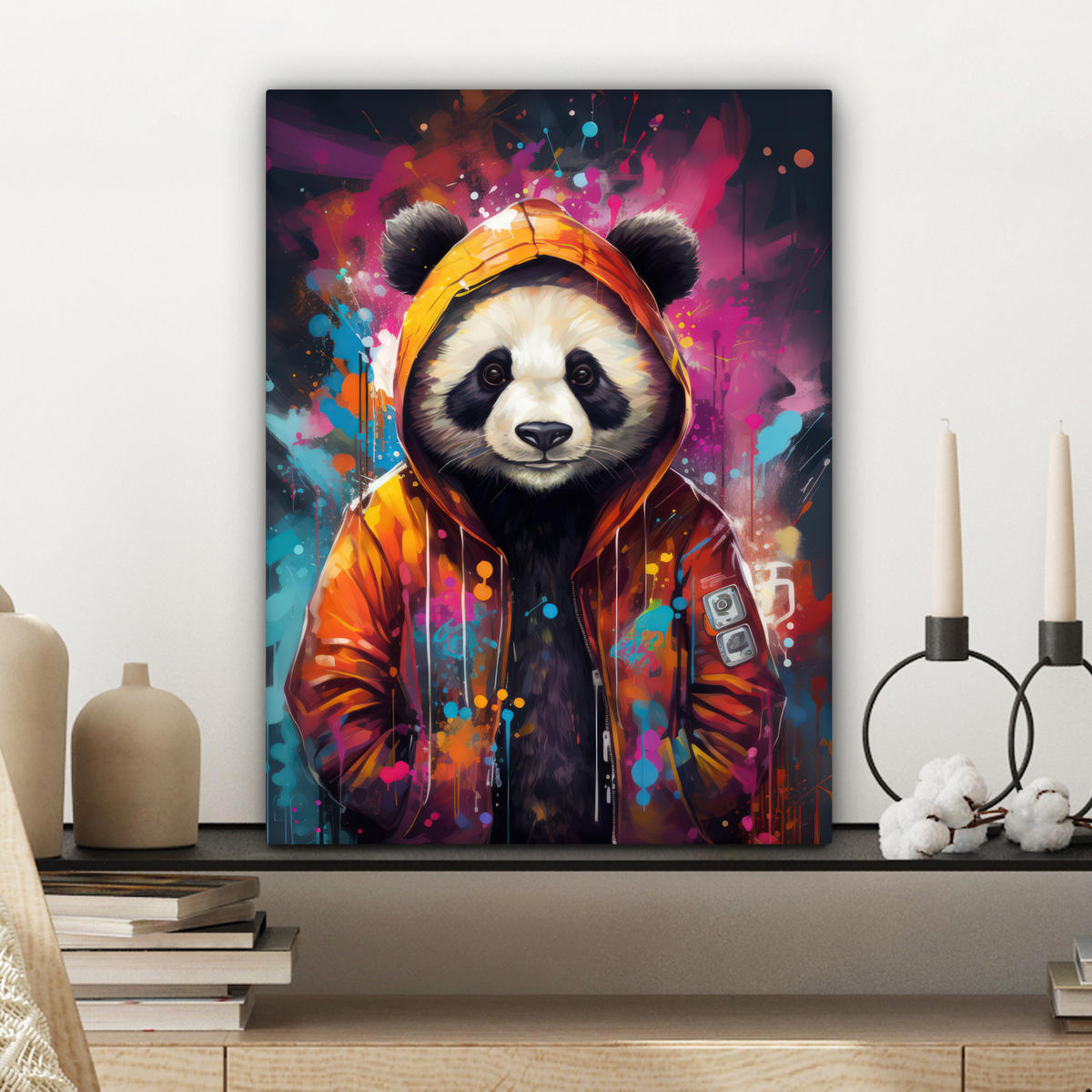 LEINWANDBILD Panda - Jacke - Graffiti - Orange Room Decor 30x40 cm - Orange, Textil (30/40cm) - MuchoWow