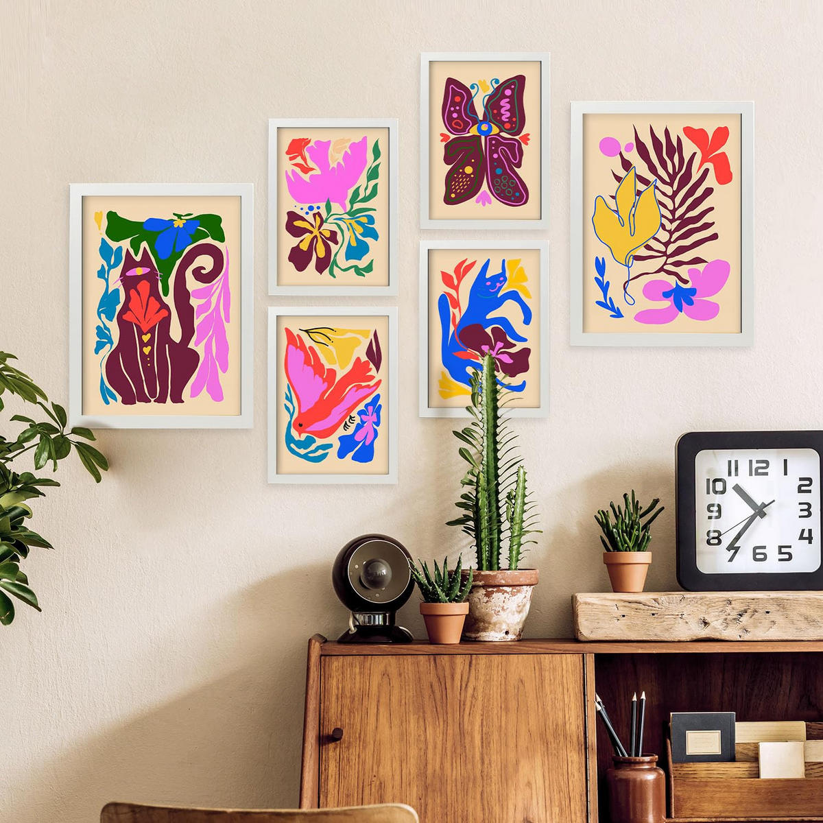 POSTER Set Mit 6 Malerisch 1 In Tiere Abstracts Ästhetische Dekorative Gemälde Für Ihr Wohnzimmer, Schlafzimmer, Zuhause A3 & A4 Weißer Rahmen - Weiß, Papier (29/3cm) - Nacnic