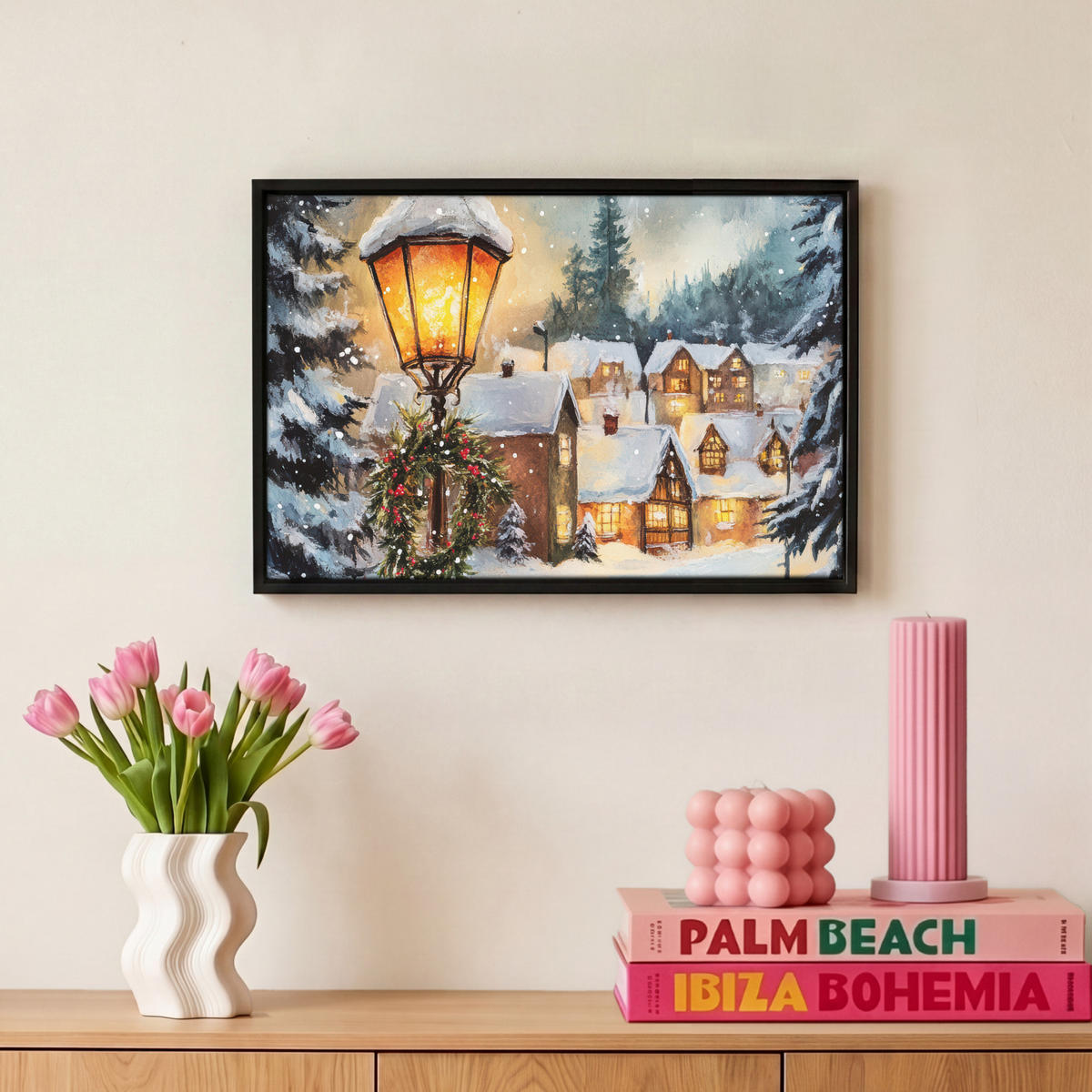LEINWAND Bilder mit Rahmen - Weihnachtsdorf - Häuser - Schnee - Weihnachten - 30x20 - Sandfarben, Textil (30/20cm) - MuchoWow