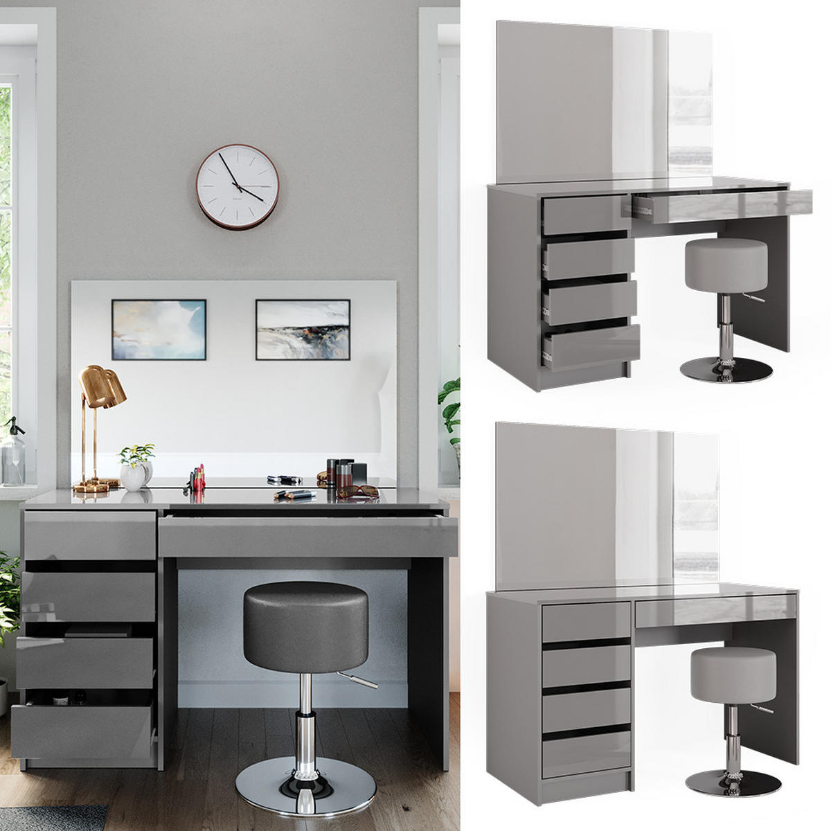 SCHMINKTISCH-SET Sherry Grau 120 cm mit Hocker - Grau, Holzwerkstoff (120/75/55cm) - Vicco