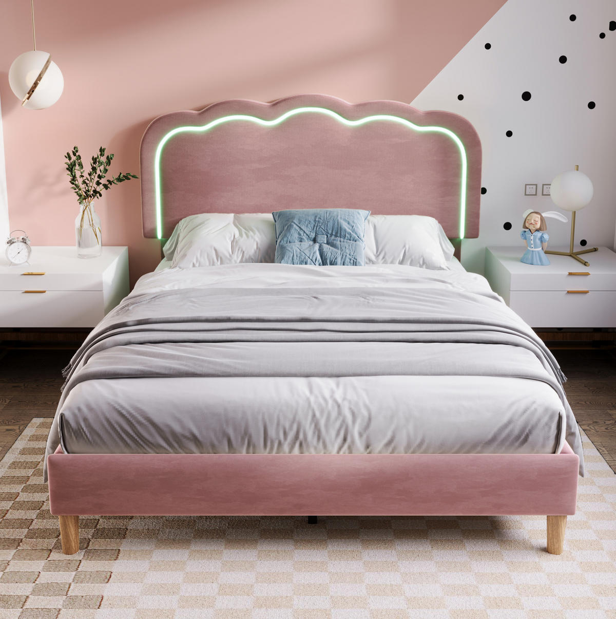 SAMT-POLSTERBETT 140/200 cm in Rosa mit LED-Beleuchtung & verstellbarem Kopfteil - Pink, Textil (140/200cm) - BEAOK