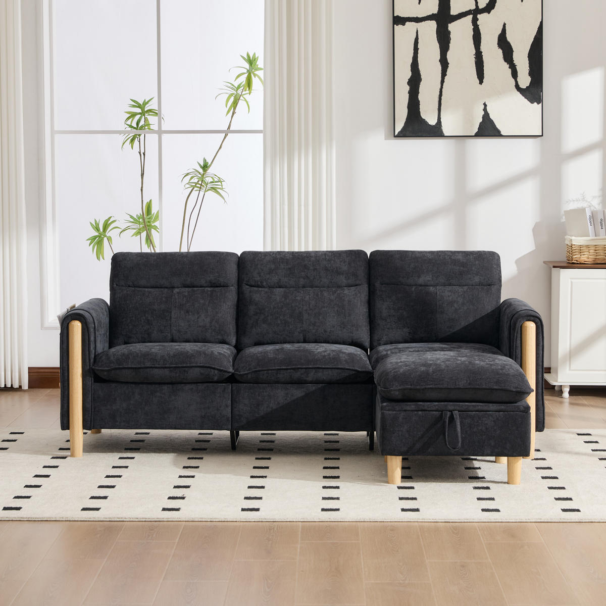 SOFA mit Stauraum-Hocker L-Form 201 cm Chenille Schwarz - Schwarz, Holz (77/201cm) - Meubliv