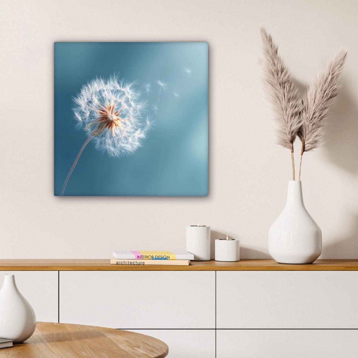 LEINWANDBILD Löwenzahn - Wind - Blau Wandbild Wohnzimmer 50x50 cm - Blaugrau, Textil (50/50cm) - MuchoWow