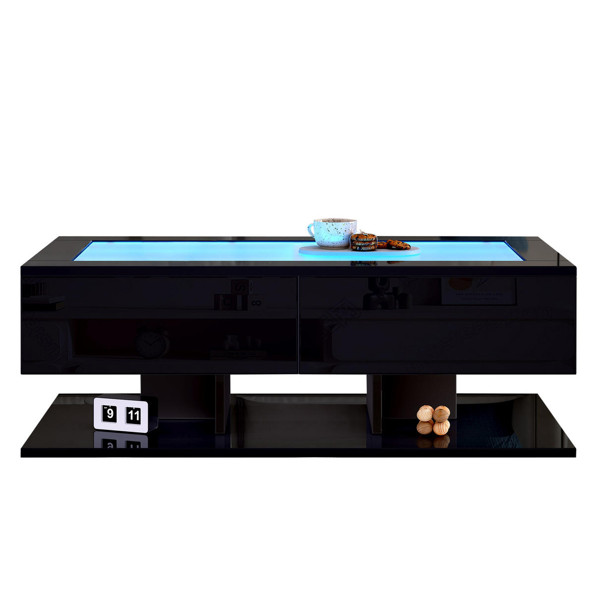 COUCHTISCH 100/50/35 cm schwarz hochglänzend mit 2 Schubladen und LED-Beleuchtung - Schwarz, Holzwerkstoff (100/50/35cm) - OKWISH