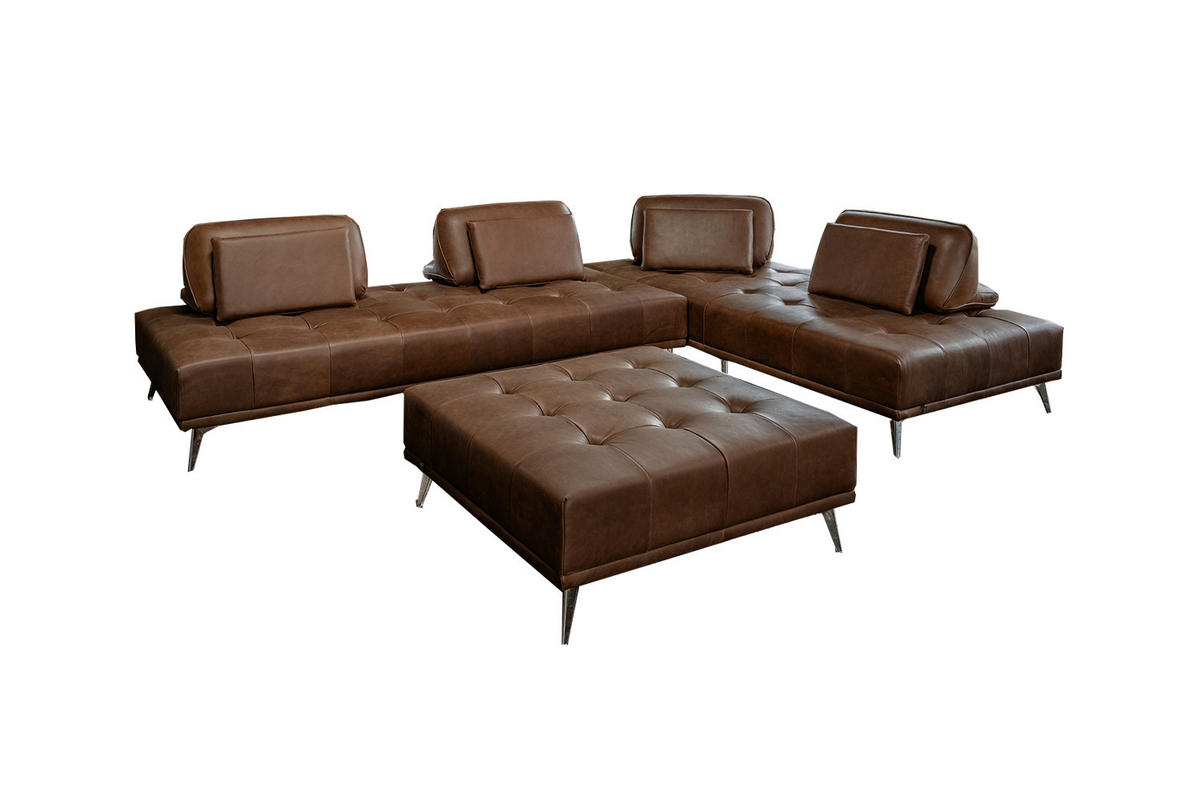 MODULSOFA MIT HOCKER WIOLO 3ER SET Dunkelbraun Leder - Dunkelbraun/Silberfarben, Leder/Metall (350/83/350cm) - KAWOLA