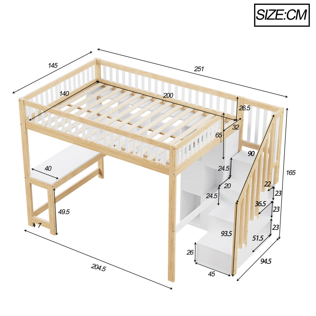 HOCHBETT aus Kiefer und MDF 140x200 cm Weiß/Natur mit LED-Beleuchtung, Ablageleiter, Regalen, Fächern und Schreibtisch - Weiß, Holzwerkstoff (140/200cm) - Modfu