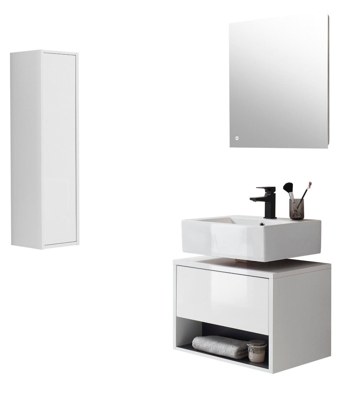 BADMÖBEL-SET 3-teilig weiß Hochglanz, grau mit LED Beleuchtung 100 cm - Weiß Hochglanz/Grau, Glas/Holzwerkstoff (100/190/46cm) - Furn.Design