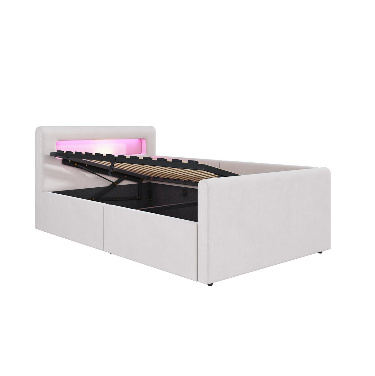 KINDERBETT 90/200 cm aus Samtstoff mit LED-Kopfteil und hydraulischem Stauraum Beige - Beige, Textil (90/200cm) - Modenvie