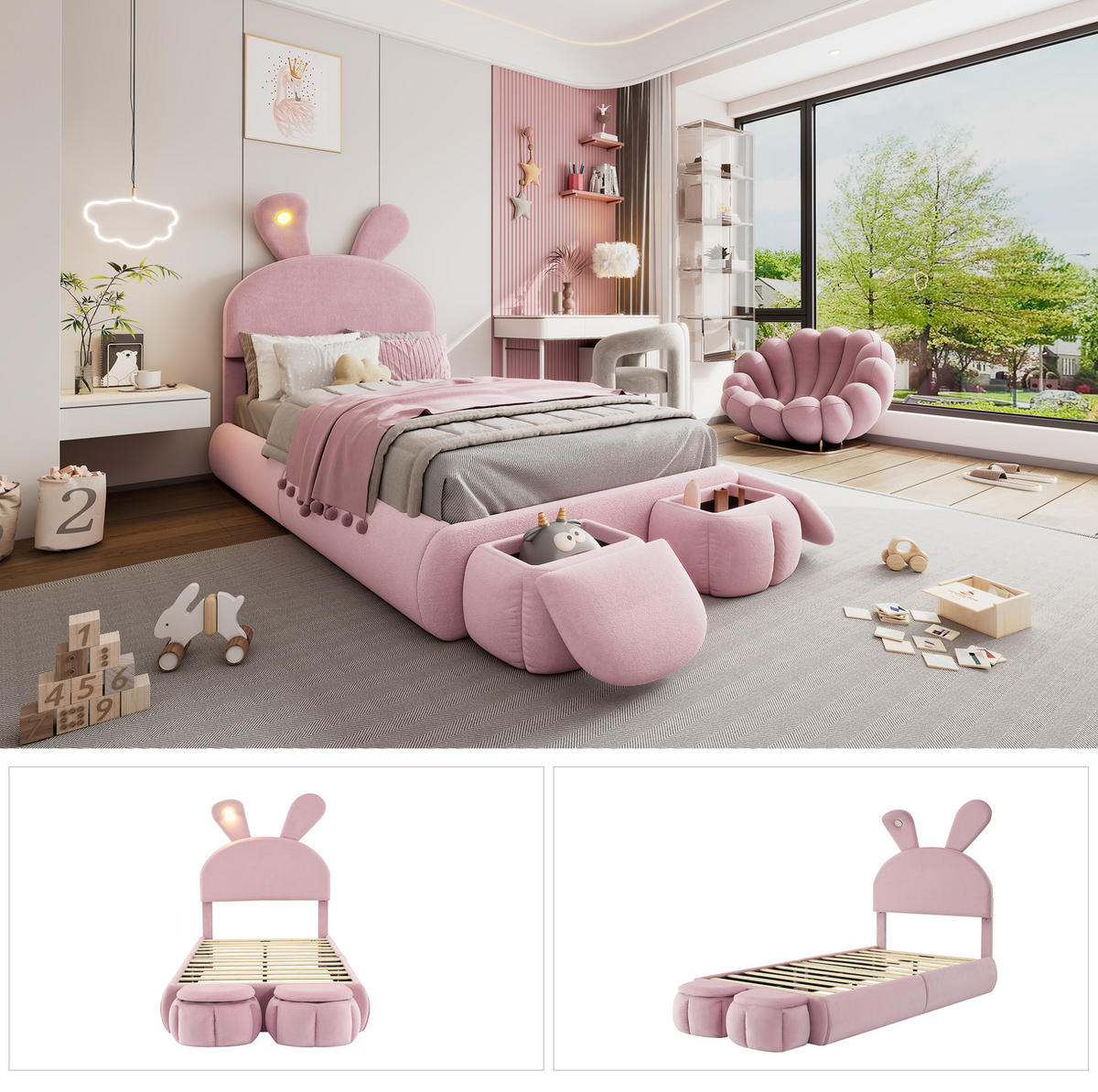 POLSTERBETT 90/200 cm aus Samt mit LED-Hasenohren und 2 Aufbewahrungshockern Rosa - Rosa, Textil (90/200cm) - Modenvie