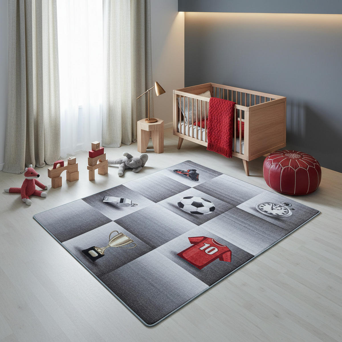 TEPPICH Kinderzimmer Fußball Bunt Waschbar Spielzimmer Strapazierfähig Grau 100x150 cm Flur – TRAUN - Grau, Textil (100/150cm) - KADIMA DESIGN