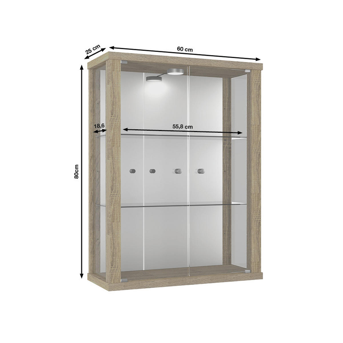 HÄNGEVITRINE 25/60/80 cm mit Spiegel, LED & 2 höhenverstellbaren Glasböden - Transparent/Silberfarben, Glas/Holzwerkstoff (60/80/25cm) - K-Möbel