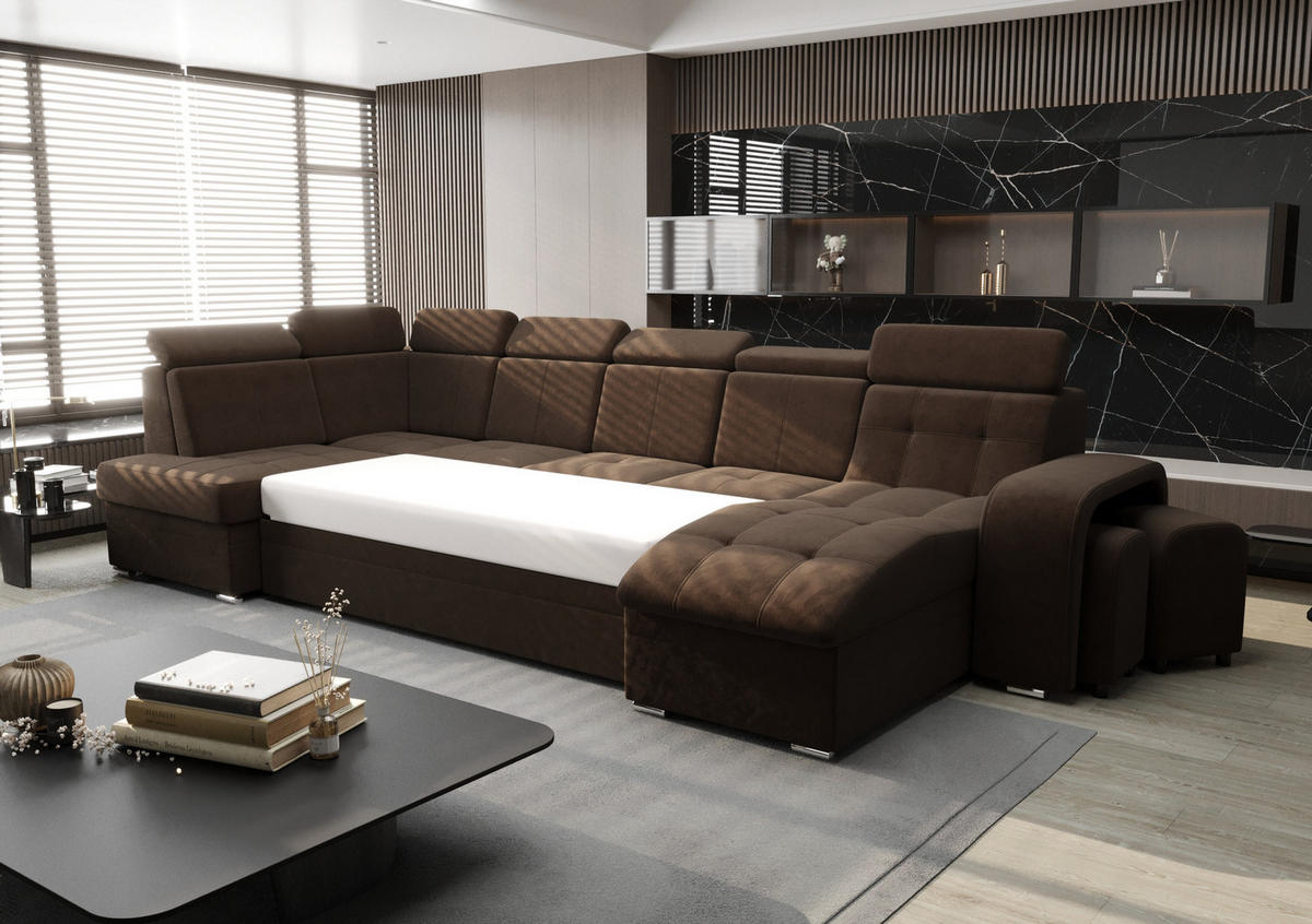 WOHNLANDSCHAFT KONGO RBN13, Eckcouch in U-Form mit Schlaffunktion, Farbe: Gelb, Velourstoff, Ottomane Rechts - Gelb, Textil (392/108/180cm) - O-Sofa