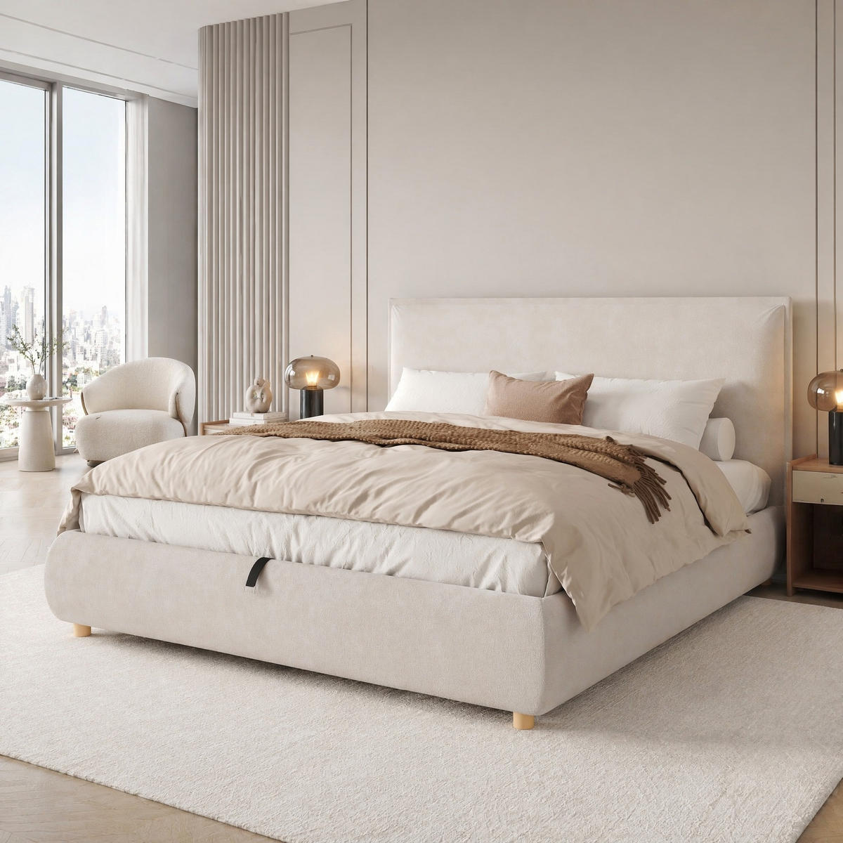 POLSTERBETT 180/200 mit Bettkasten, hydraulischem Stauraum und gepolstertem Kopfteil in Creme - Creme, Holzwerkstoff/Textil (180/200cm) - EVRYAE