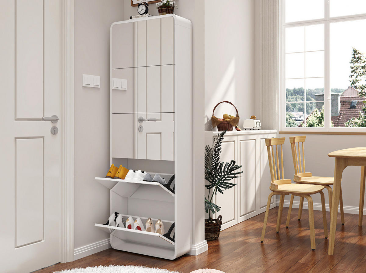 SCHUHSCHRANK 176 cm in Weiß mit Spiegel und 5 Klappen - Weiß, Holzwerkstoff (63/176/19.5cm) - Flora Grace
