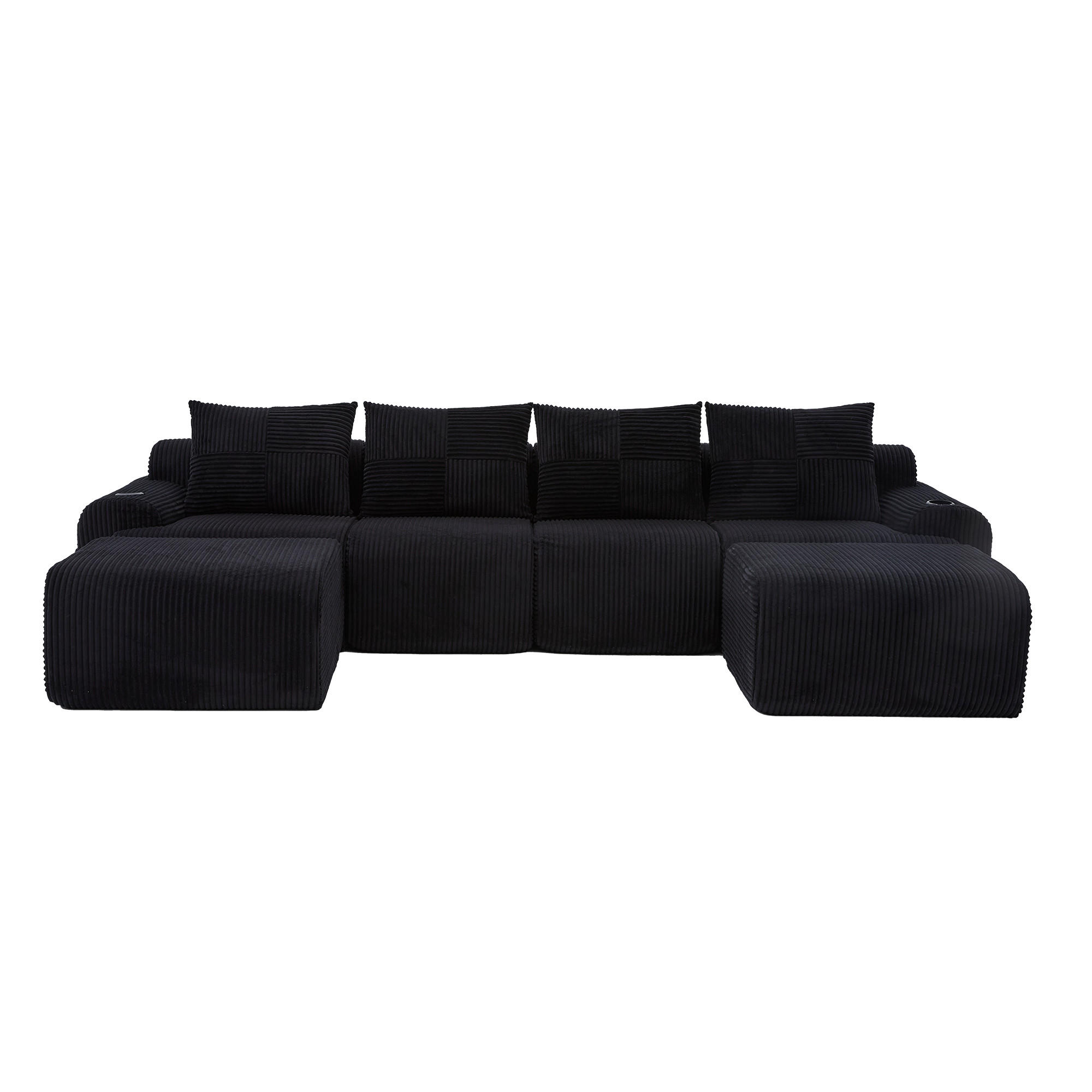 WOHNLANDSCHAFT Cord Schwarz mit 2 Hockern, Getränkehalter und Aufbewahrungstasche - Schwarz, Textil (333/80/174cm) - WISHDOR