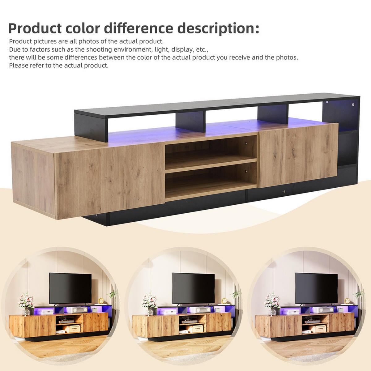 TV-SCHRANK Modern Naturholz & schwarzer Rahmen LED-Beleuchtung bis 70 Zoll - Schwarz, Holz (48/17.5/68cm) - FLIEKS