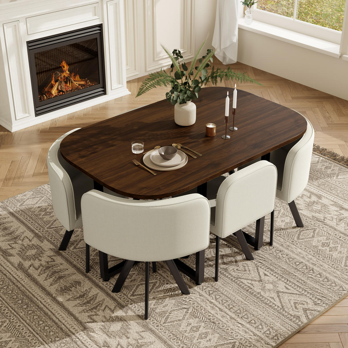 ESSTISCH SET 6 Personen 140x90cm Walnuss Beige Leinen - Beige/Walnussfarben, Holzwerkstoff (140/73/90cm) - FLIEKS