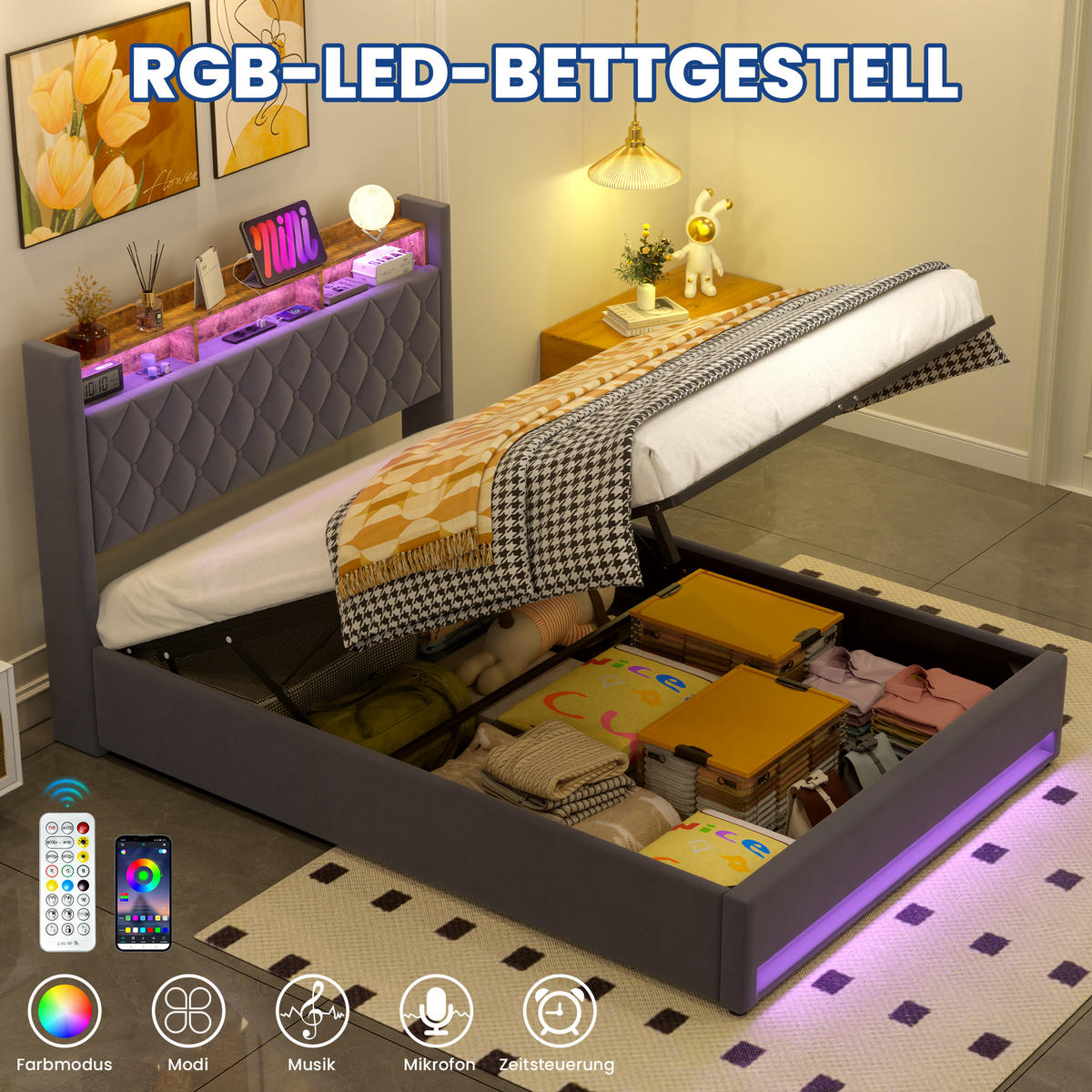 POLSTERBETT 160/200 cm in Grau, Samt, mit Matratze, Bettkasten, USB und LED - Grau, Holzwerkstoff/Textil (160/200cm) - WISHDOR