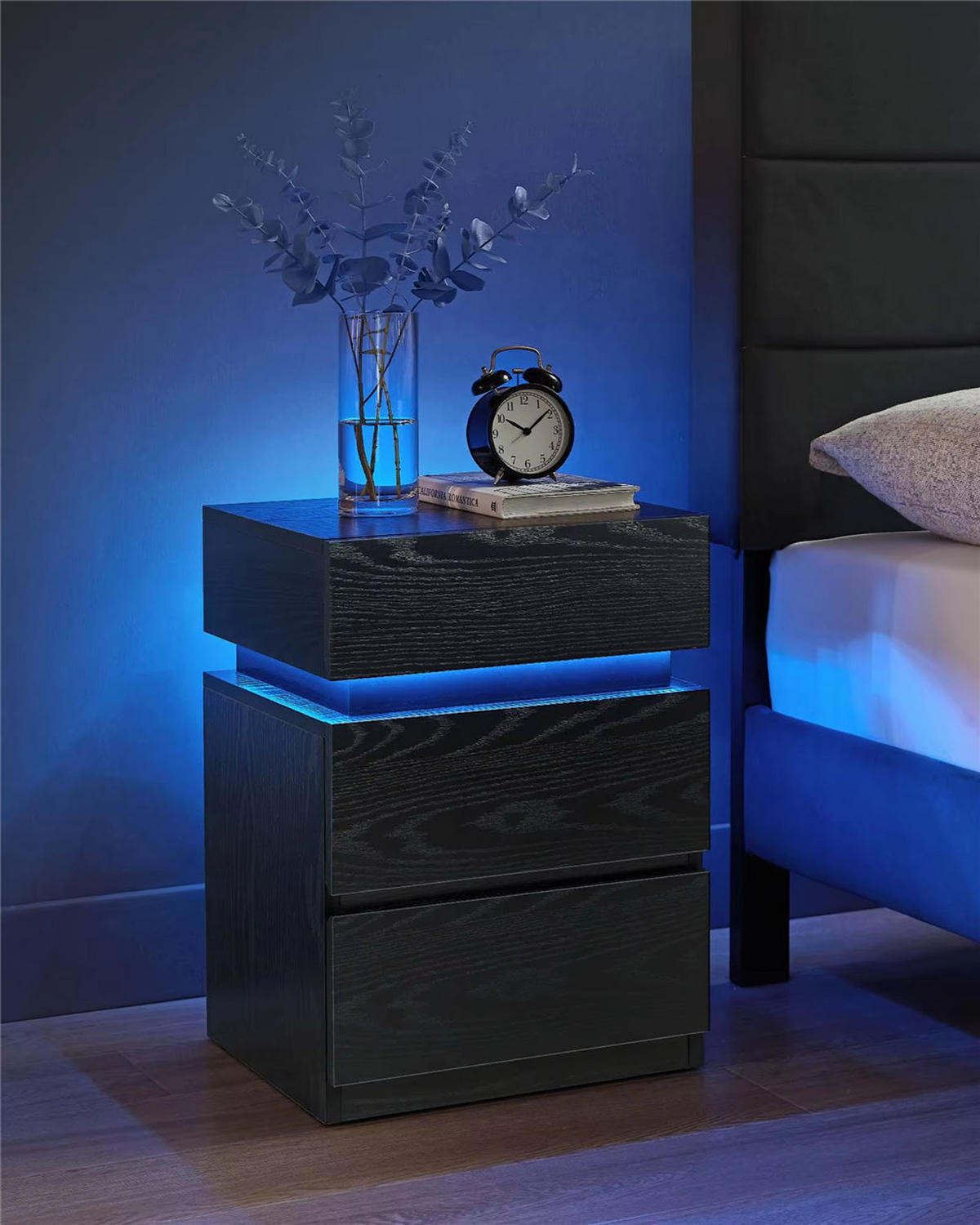 NACHTTISCH LED 40/55/35 cm mit Schubladen Farbwechsel - Schwarz, Holz (40/55/35cm) - Kaket