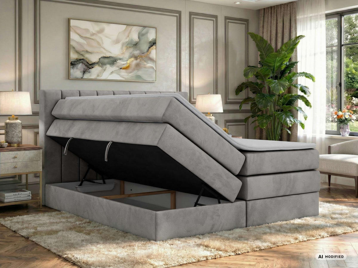 BOXSPRINGBETT ALVER KING 200/200 - Hellgrau Velvet - Topper T25 - H3 - Hellgrau/Schwarz, Kunststoff/Textil (200/200cm) - MKS