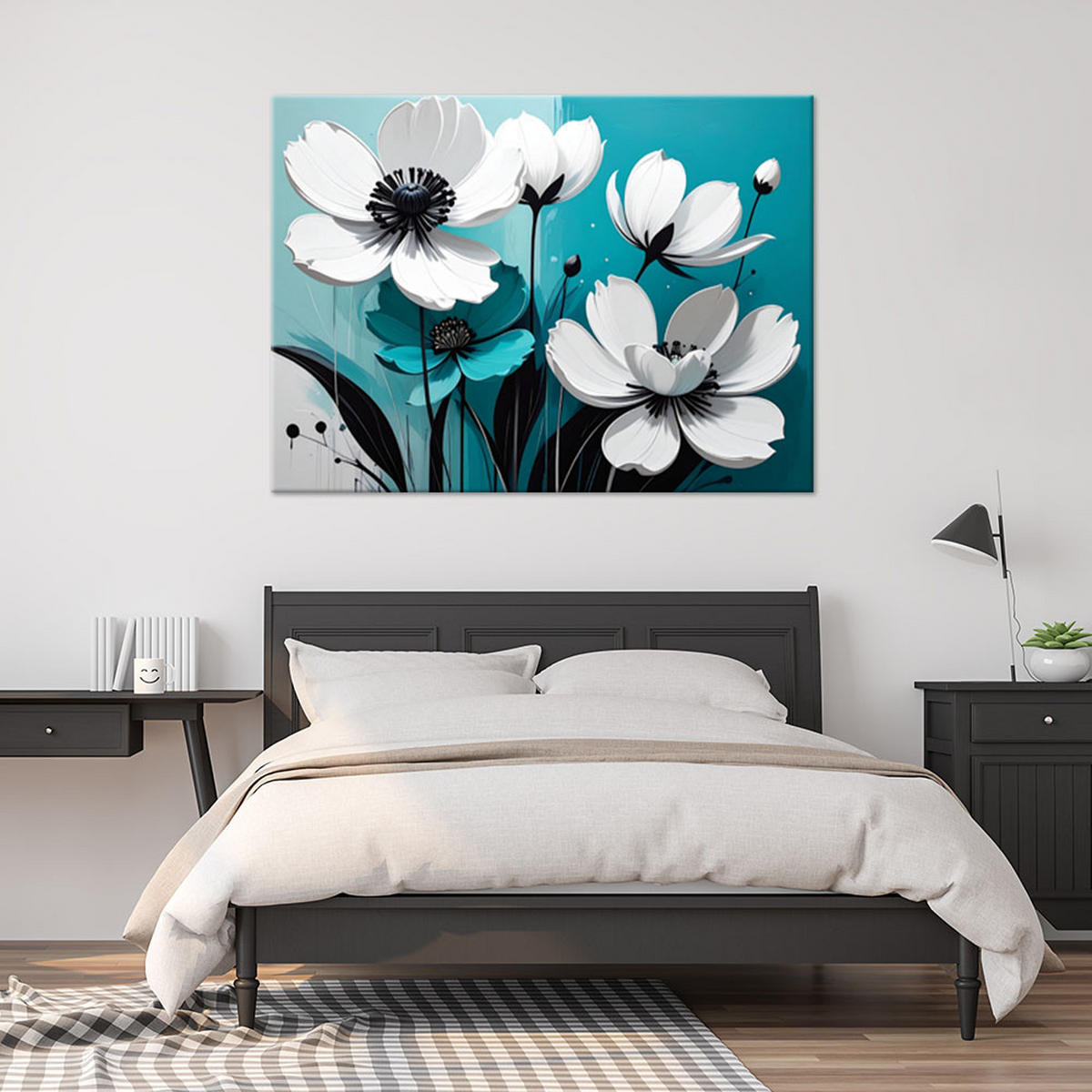 LEINWANDBILD, Weiße Blüten auf türkisfarbenem Hintergrund im modernen Stil - Türkis, Textil (100/70cm) - Feeby