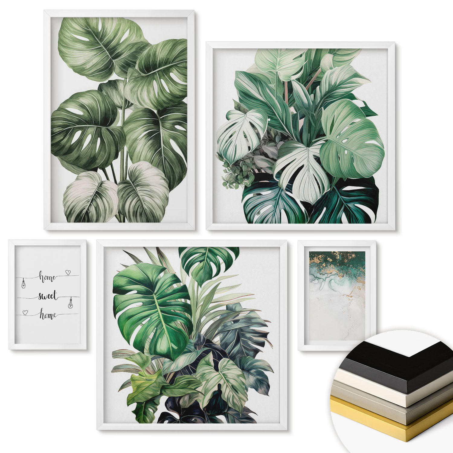 WANDBILDER 5er-Set - 50x50 cm & 20x30 cm & 40x60 cm Weißer Rahmen - Aquarell-Monstera-Blätter - Weiß, Kunststoff (40/60cm) - ArtPrintCave
