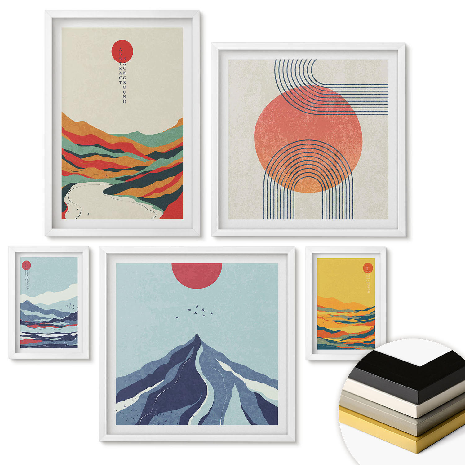 WANDBILDER 5er-Set - 50x50 cm & 20x30 cm & 40x60 cm Weißer Rahmen - Pastellfarbene Berge im Japandi-Stil - Weiß, Kunststoff (40/60cm) - ArtPrintCave