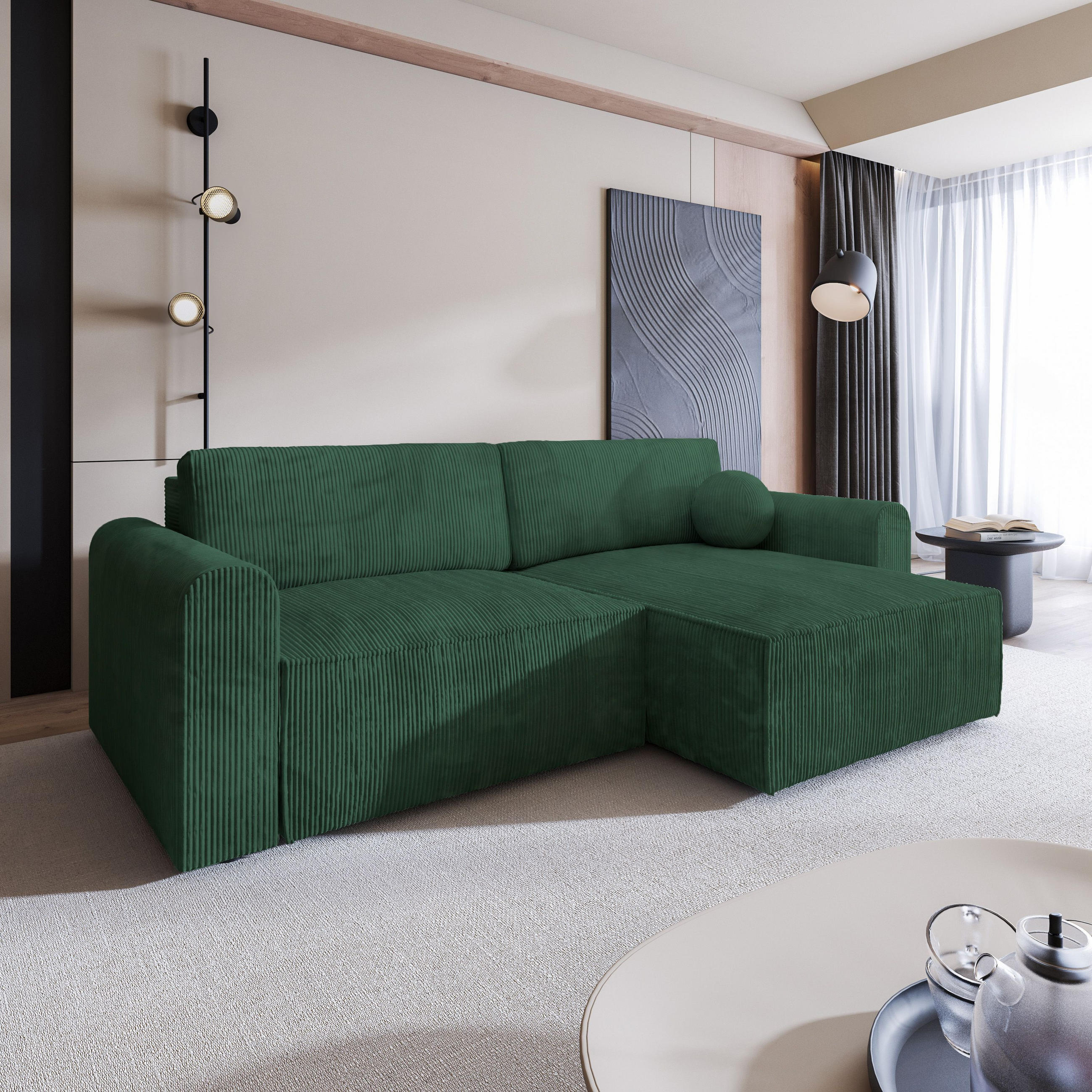 ECKSOFA FIANO P Grün Kordstoff mit Schlaffunktion - Grün, Holz (245/148cm) - MASSENO