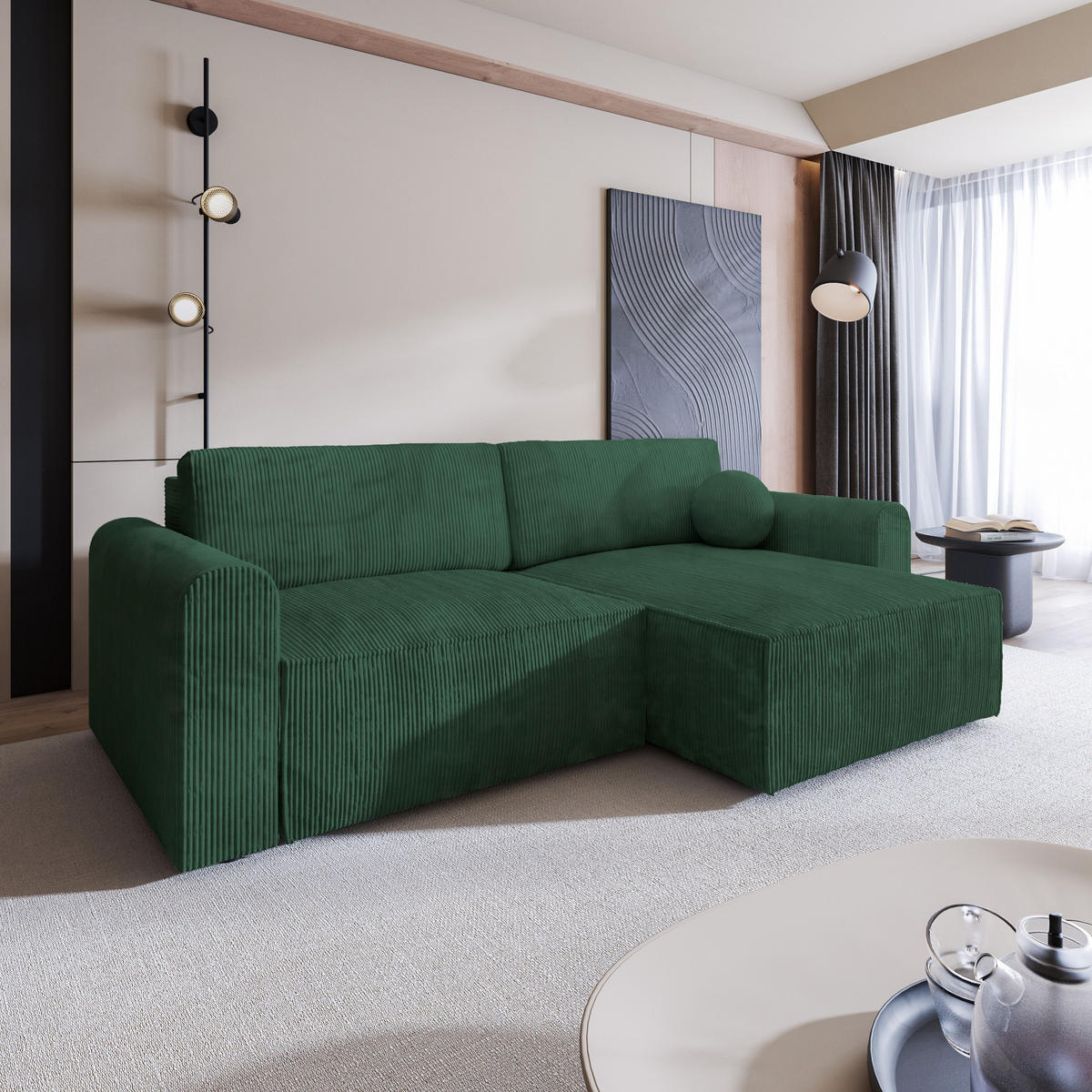 ECKSOFA FIANO P Grün Kordstoff mit Schlaffunktion - Grün, Holz (245/148cm) - MASSENO
