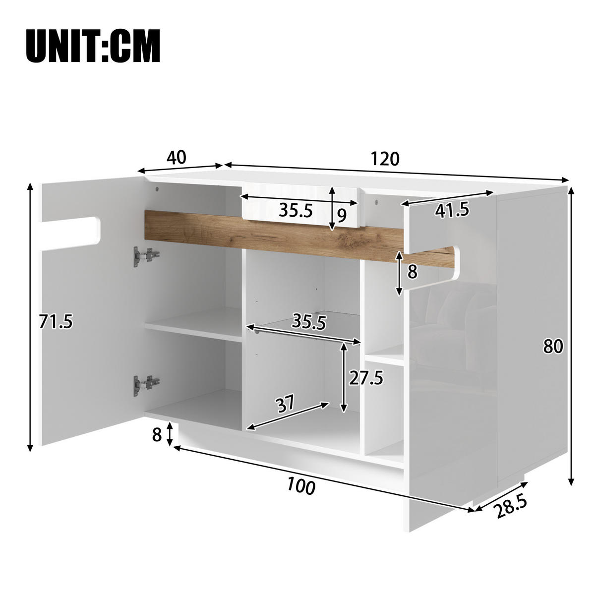 SIDEBOARD in Weiß und Naturholzoptik 120x40x80 cm mit LED-Beleuchtung und Glasablagen - Weiß, Holzwerkstoff (40/80/120cm) - IVMEU