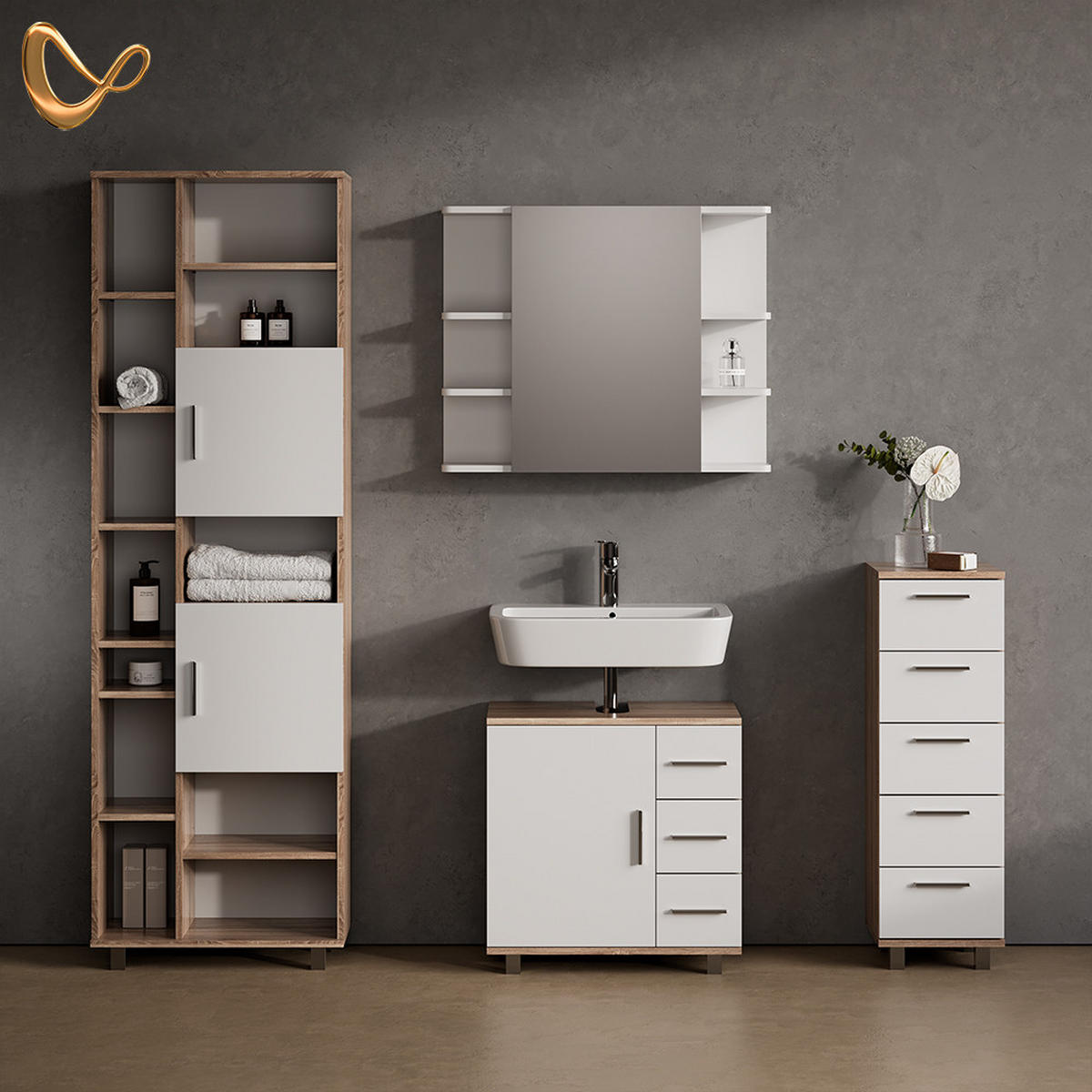 BADMÖBEL-SET Eisak Sonoma 4 Teile - Weiß/Sonoma Eiche, Holzwerkstoff (60/60/33cm) - Livinity®