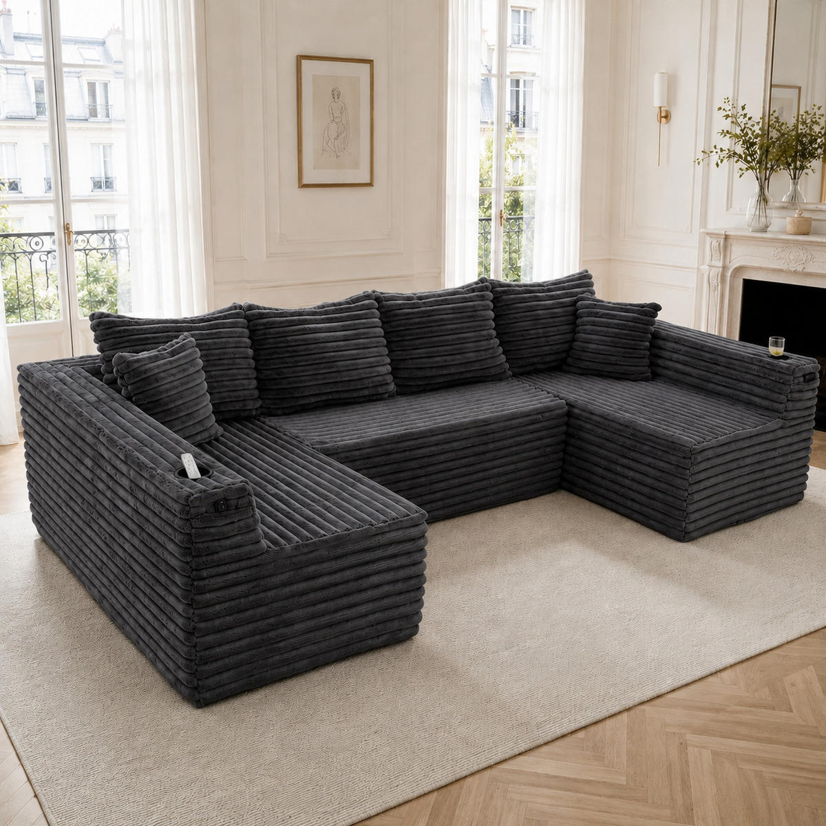 WOHNLANDSCHAFT Dunkelgrau 320/155/88 cm 6-Sitzer mit Getränkehaltern und Seitentaschen - Dunkelgrau, Textil (320/88/155cm) - PANGIVO