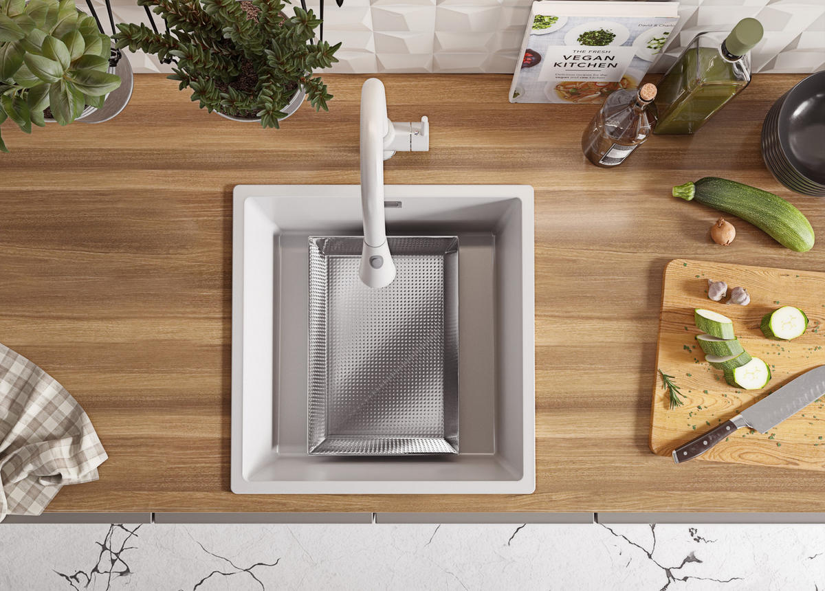 GRANITSPÜLE London Slim, 2-er set Weiß 46/47 cm 1 Becken + Küchenarmatur 38/14 cm + Ablauf-Set ab 50er Unterschrank - Chromfarben/Weiß, Kunststoff (46/20/47cm) - Primagran