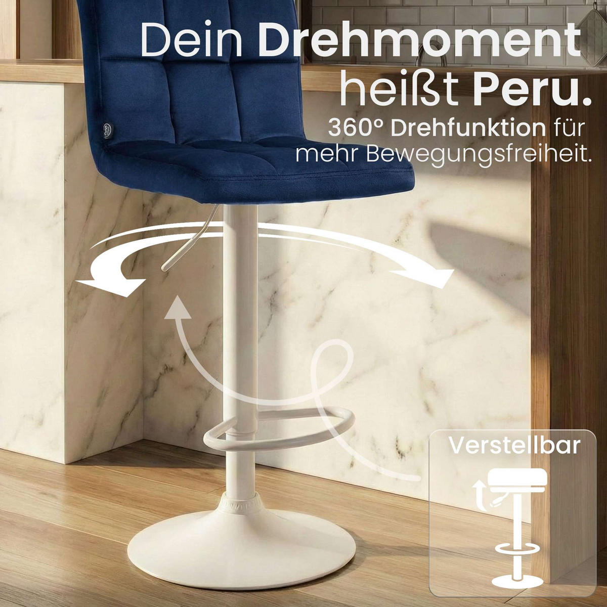 BARHOCKER Samt Blau - Blau/Weiß, Textil/Metall (46/94/47cm) - CLP