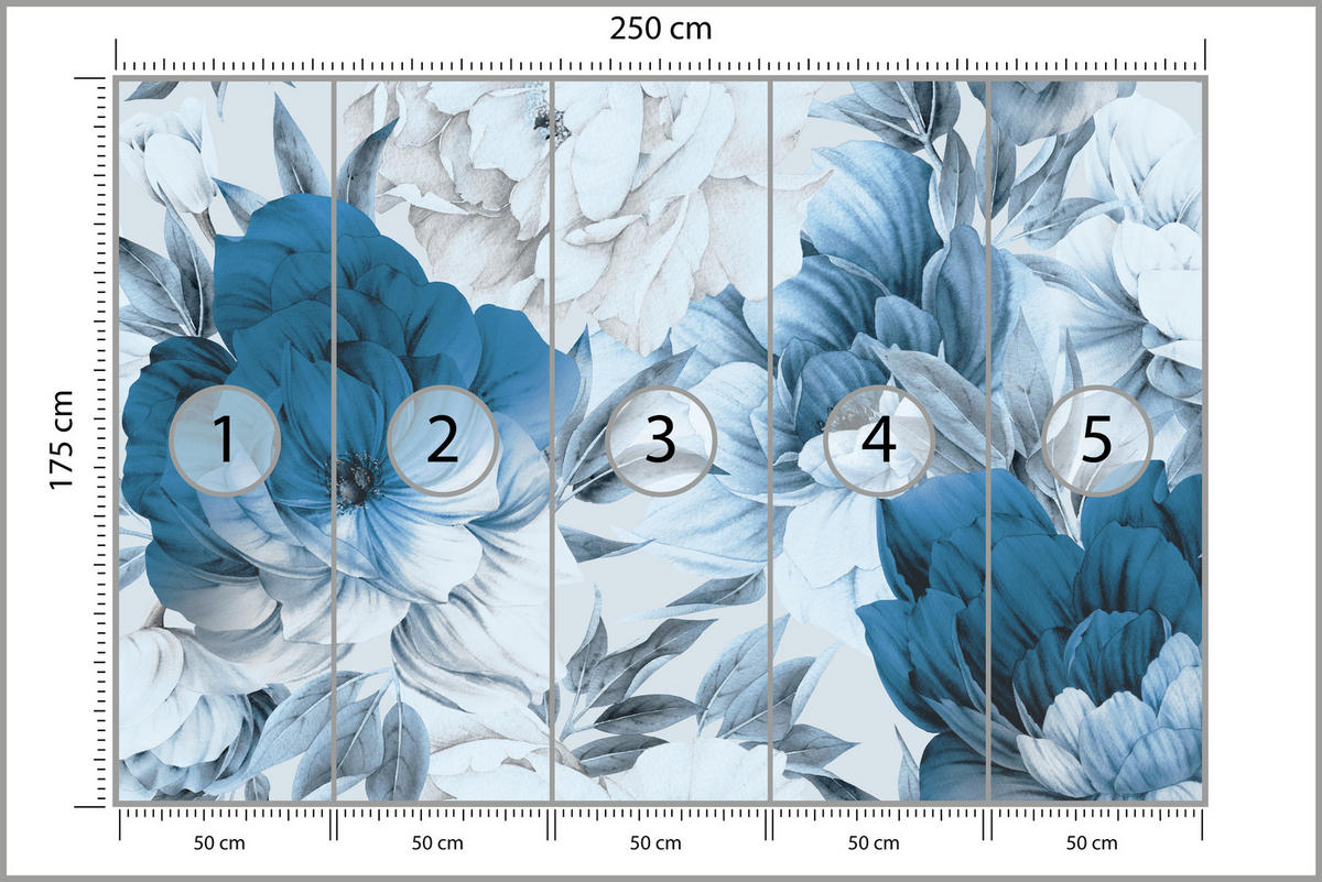 FOTOTAPETE für Wohnzimmer Blaue Pfingstrosen Zart Blumen Boho 250x175 - Blau/Weiß, Papier (250/175cm) - Muralo