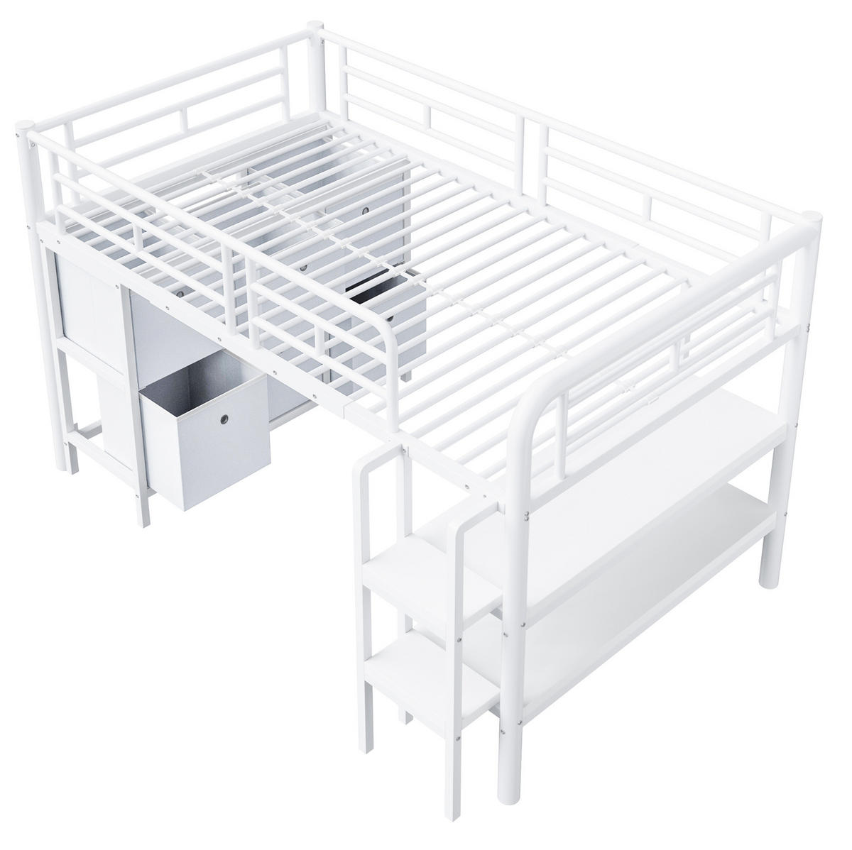 PATROVÁ postel 90/200 cm bílá s úložným prostorem a širokými kovovými schody - bílá, kov (90/200cm) - OKWISH