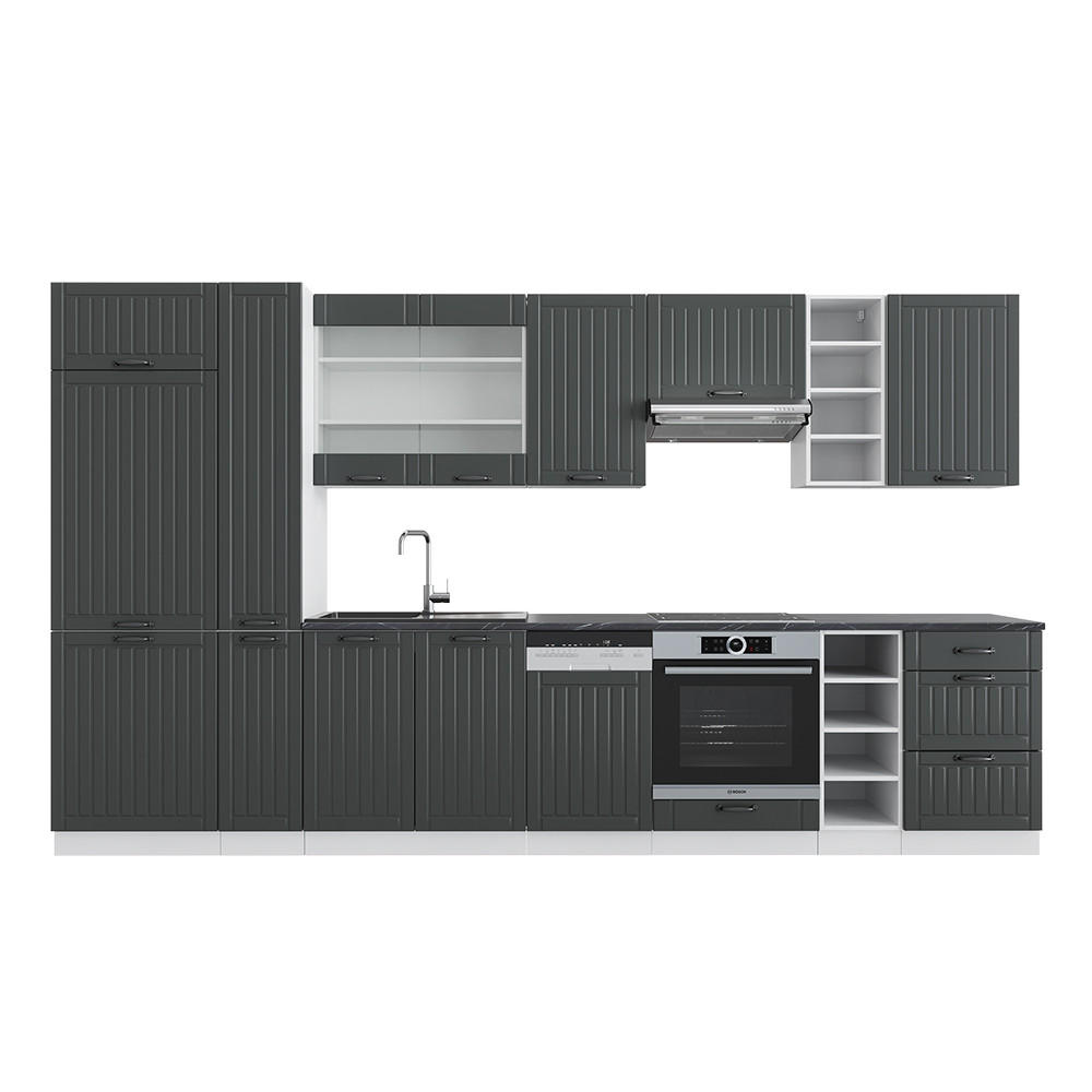 KÜCHENZEILE Fame-Line Anthrazit Landhaus/Weiß 355 cm mit Hochschrank ohne AP - Anthrazit/Weiß, Holzwerkstoff (355/81.6/46cm) - Vicco
