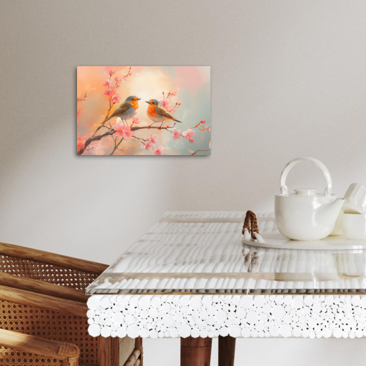 LEINWANDBILD Rotkehlchen - Zierpflanze - Blütenzweig 30x20 cm - Hellrosa, Textil (30/20cm) - MuchoWow