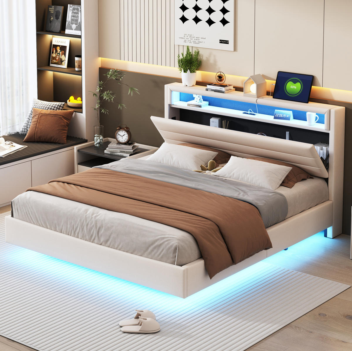 POLSTERBETT 160/200 cm Beige aus Stoff mit LED und USB-Steckdose - Beige, Textil (160/200cm) - OKMYHOME