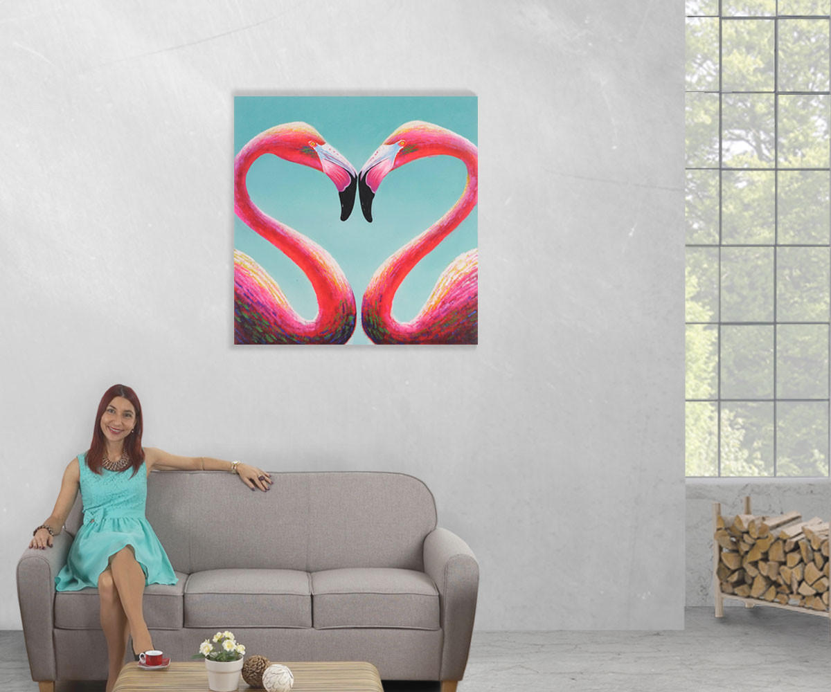 ÖLGEMÄLDE FLAMINGO HANDGEMALT Mehrfarbig - Multicolor, Textil (90/90cm) - MCW