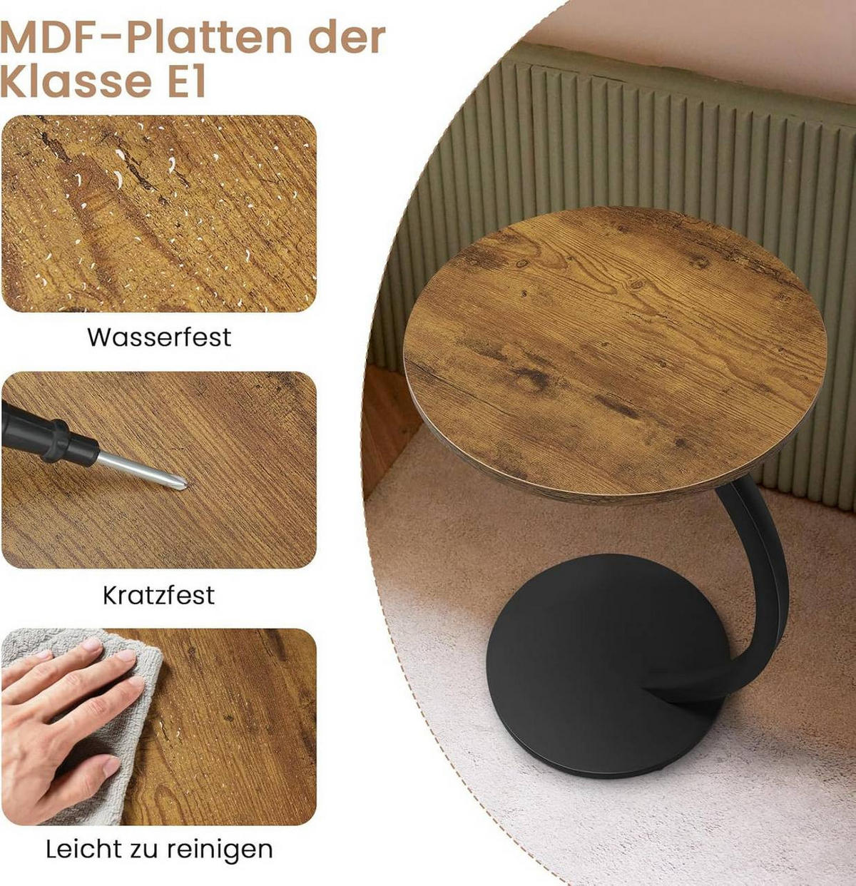 BEISTELLTISCH C Form, φ40xH65 cm, Vintage-Holzoptik - Alteiche/Schwarz, Holzwerkstoff/Metall (40/40/65cm) - Woltu