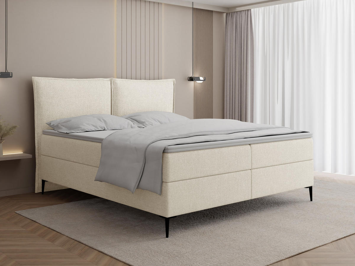 BOXBETT Calio Rise mit Bettkasten, Creme Chenille 120x200 cm – inkl. H4 Taschenfederkern Matratze & Foam Topper - Creme/Schwarz, Holz/Holzwerkstoff (120/200cm) - WFL GROUP