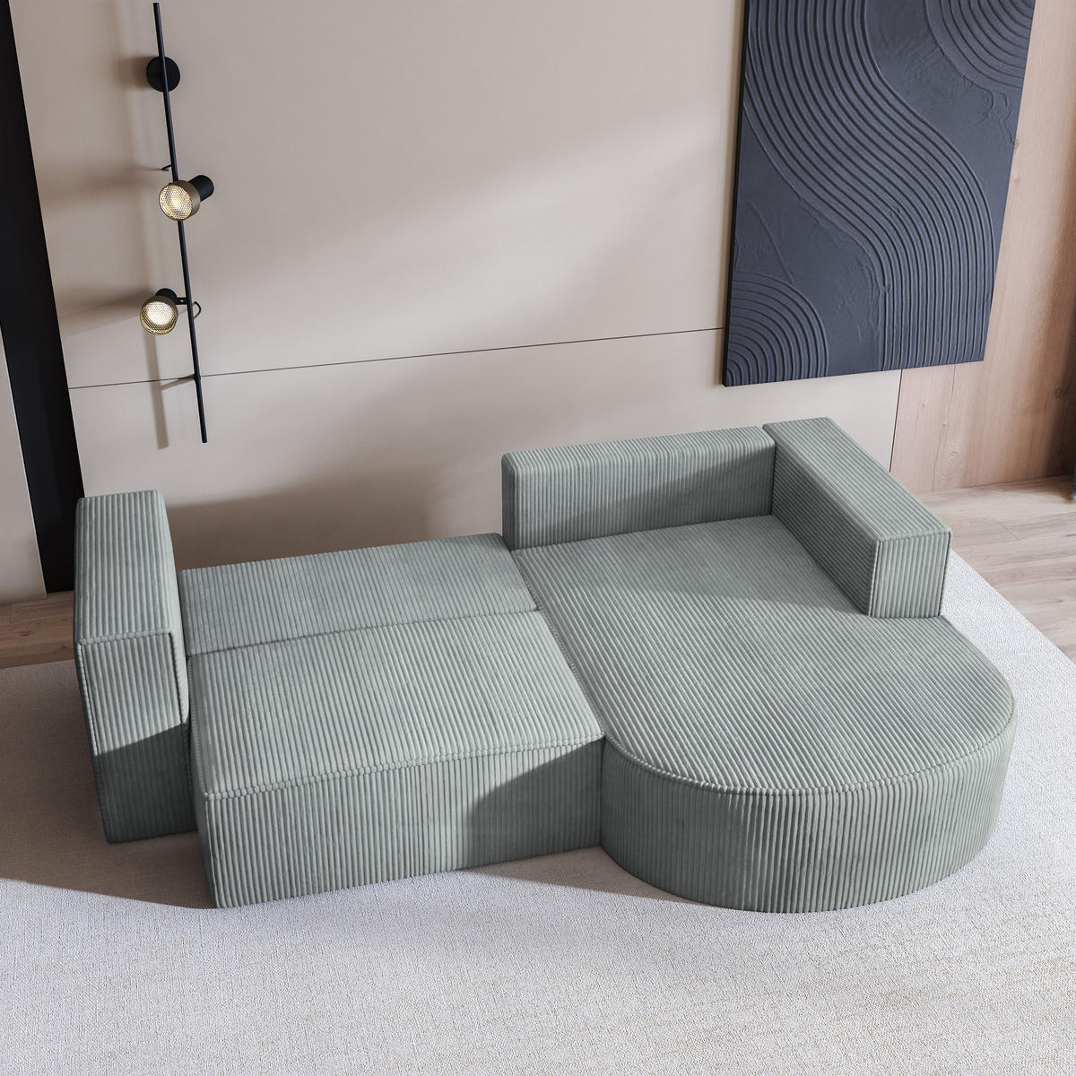 ECKSOFA SORELA P R-S Hellgrau Kordstoff mit Schlaffunktion - Hellgrau, Holz (263/174cm) - MASSENO