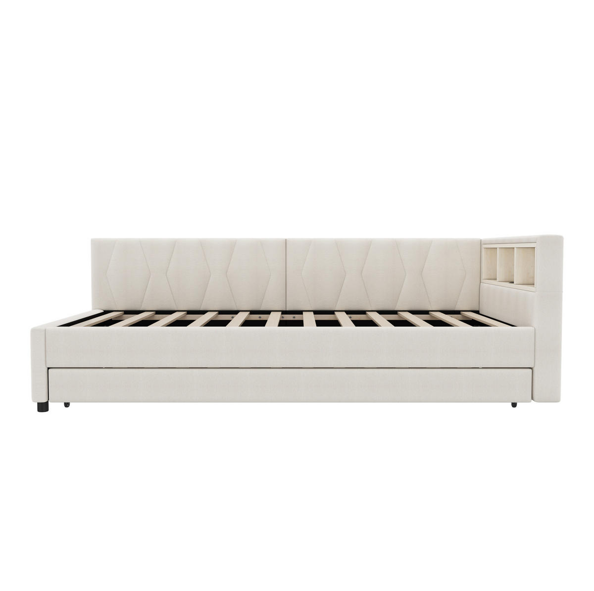 TAGESBETT 90/200 cm mit Ausziehbett, LED-Beleuchtung, USB- und USB-C-Anschluss, Ablagefächern und Leinenbezug, Beige - Beige, Textil (90/200cm) - Redom